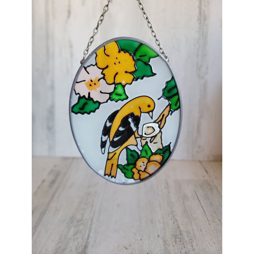 Stained glass oval bird flower‎ hanging home decor figure unique